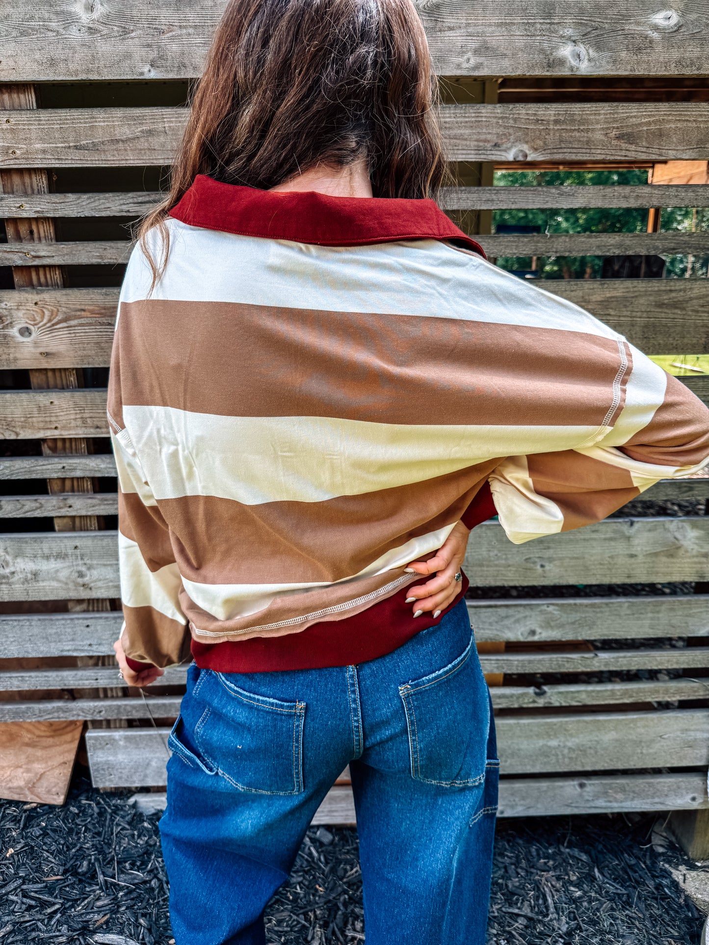 Coffee Date Contrast Collar Stripe Top