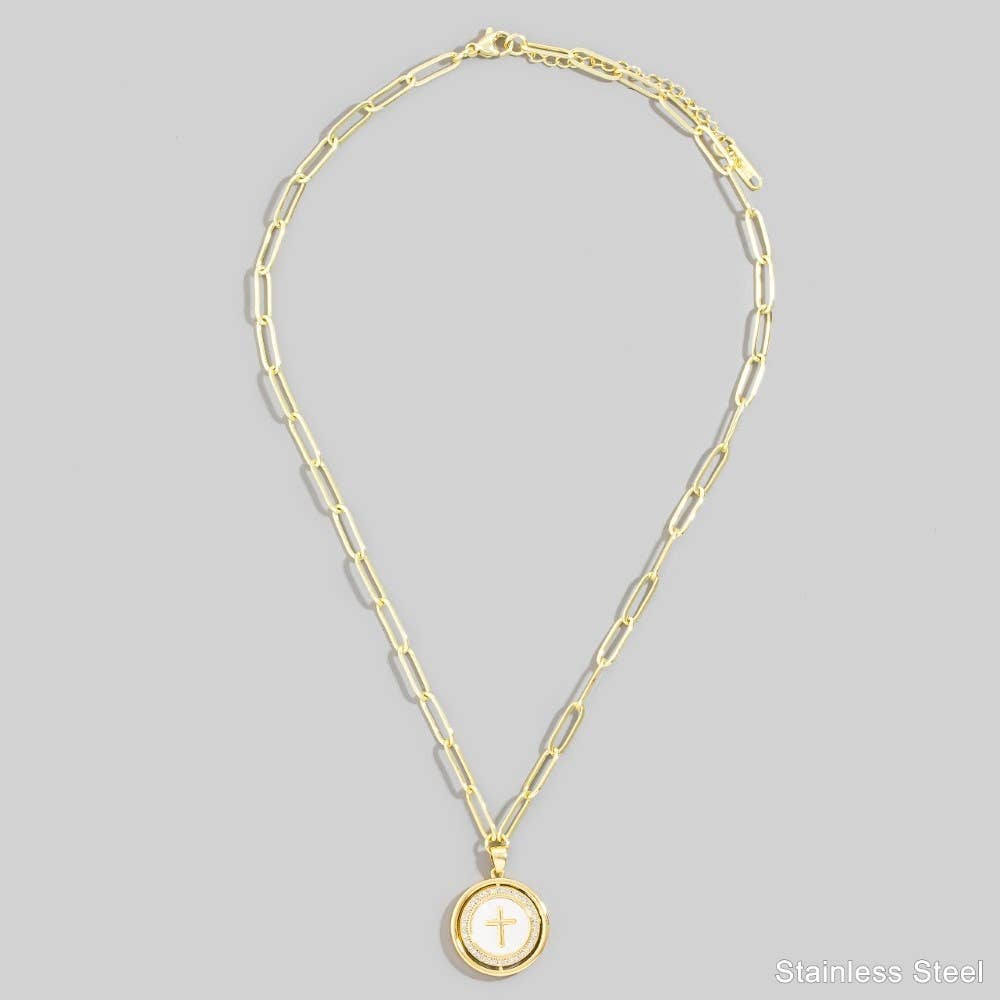 Stainless Steel Cross Disc Pendant Necklace