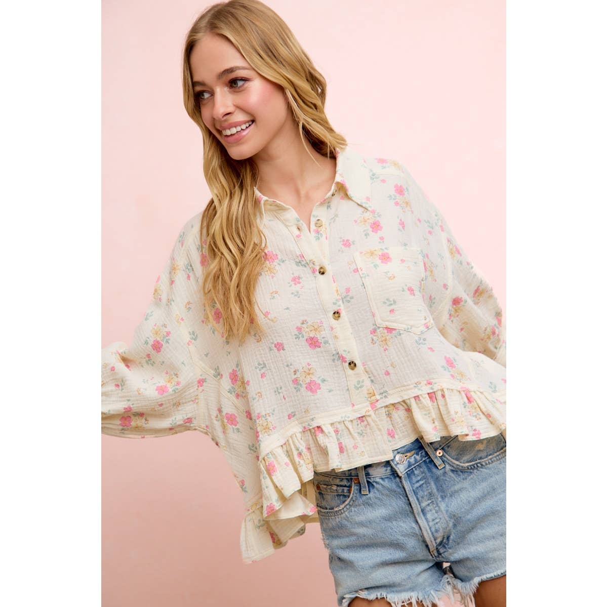 Flora Floral Peplum Button Up (S-Xl)