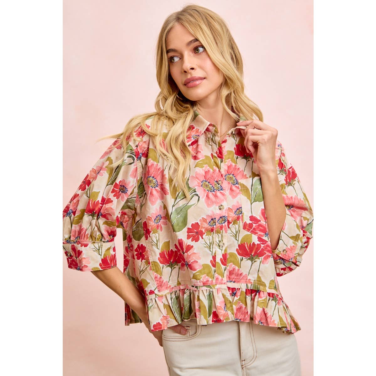 Found in Floral Ruffled Button Up Blouse (S-XL)