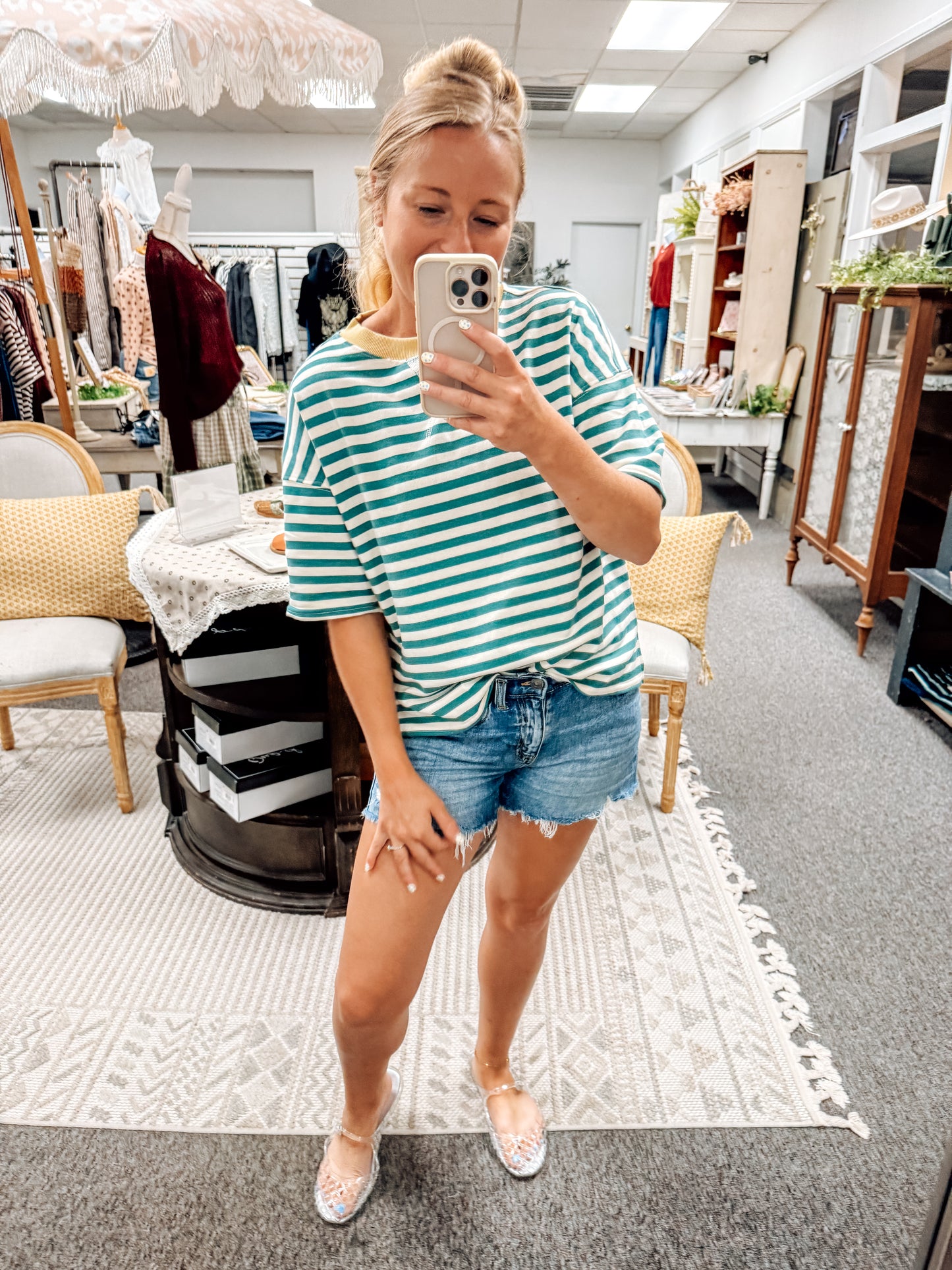 Simply Striped Basic Short Sleeve Top-Green Multi