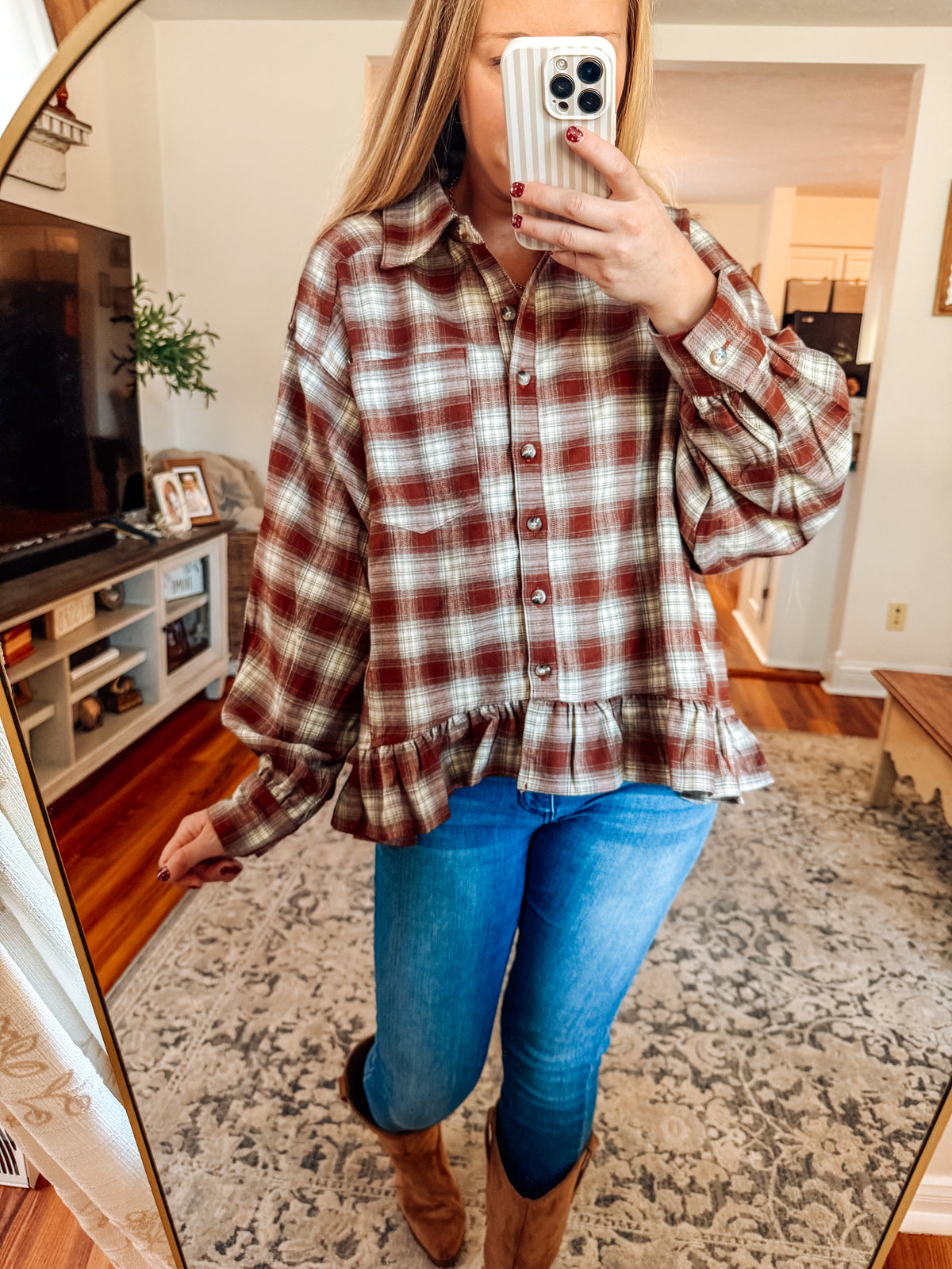 Button Down Check Plaid Babydoll Peplum Shirt