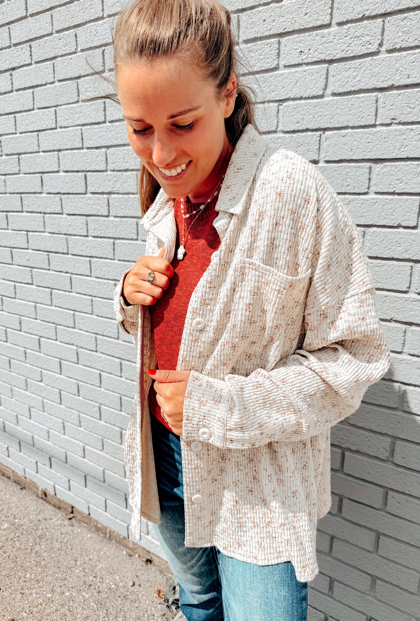 Floral Forecast Textured Knit Button Up (S-XL)