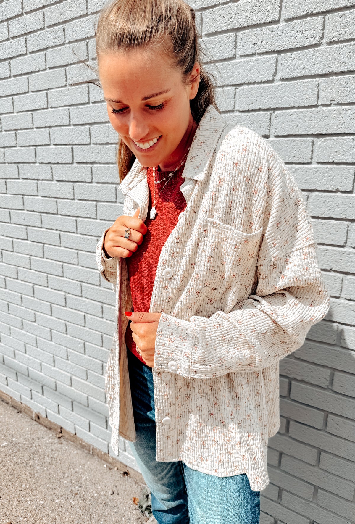 Floral Forecast Textured Knit Button Up (S-XL)