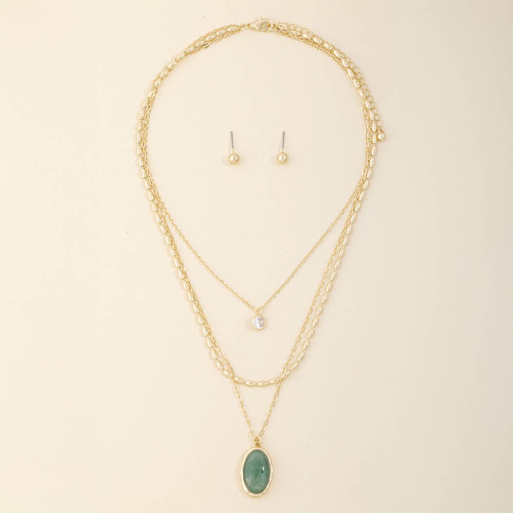Layered Semi Precious Stone Pendant Necklace Set