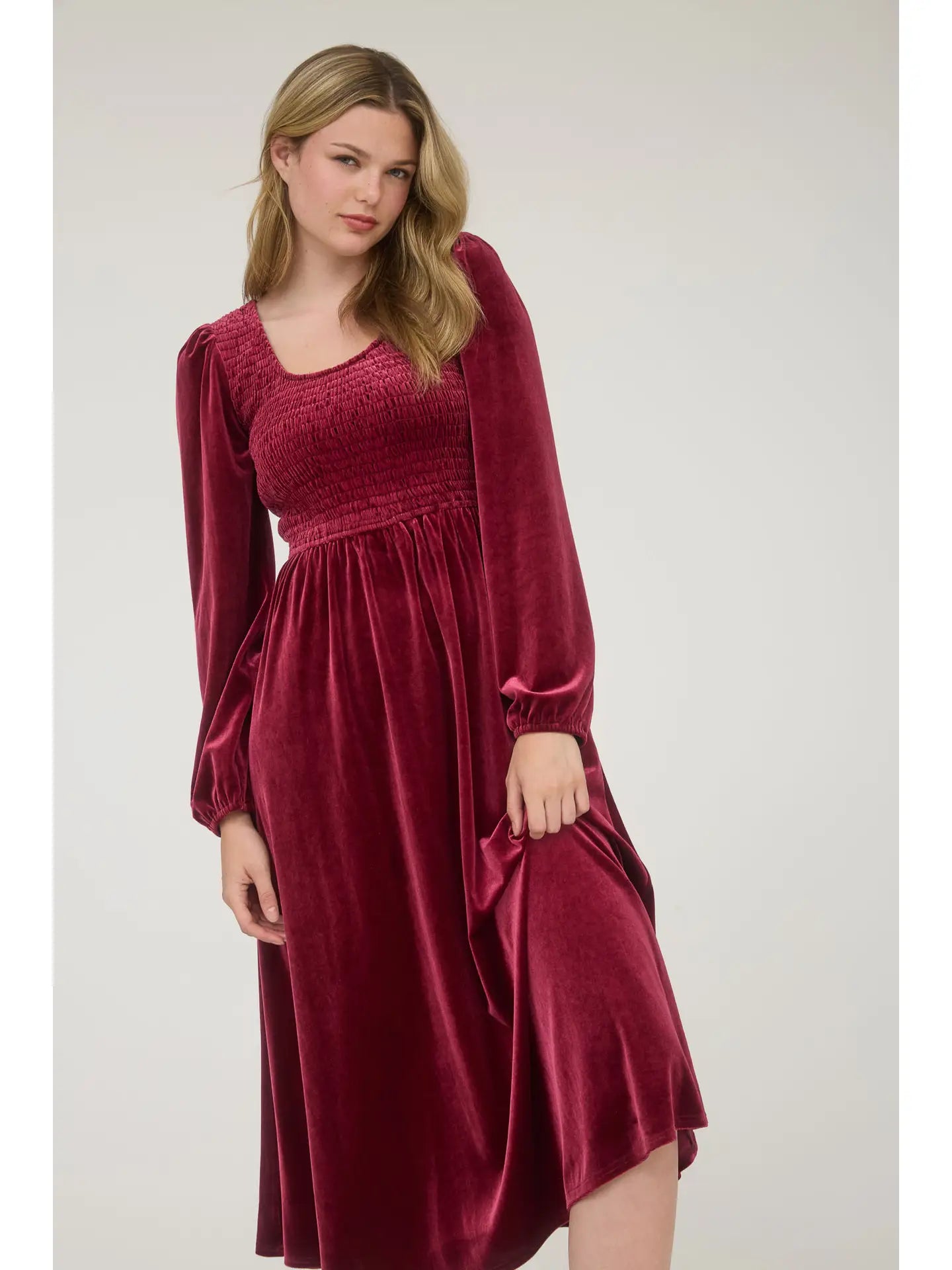Holly & Velvet Midi Dress-Burgundy