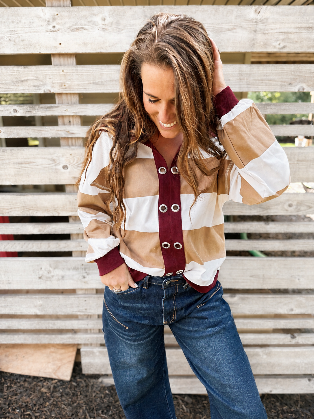 Coffee Date Contrast Collar Stripe Top
