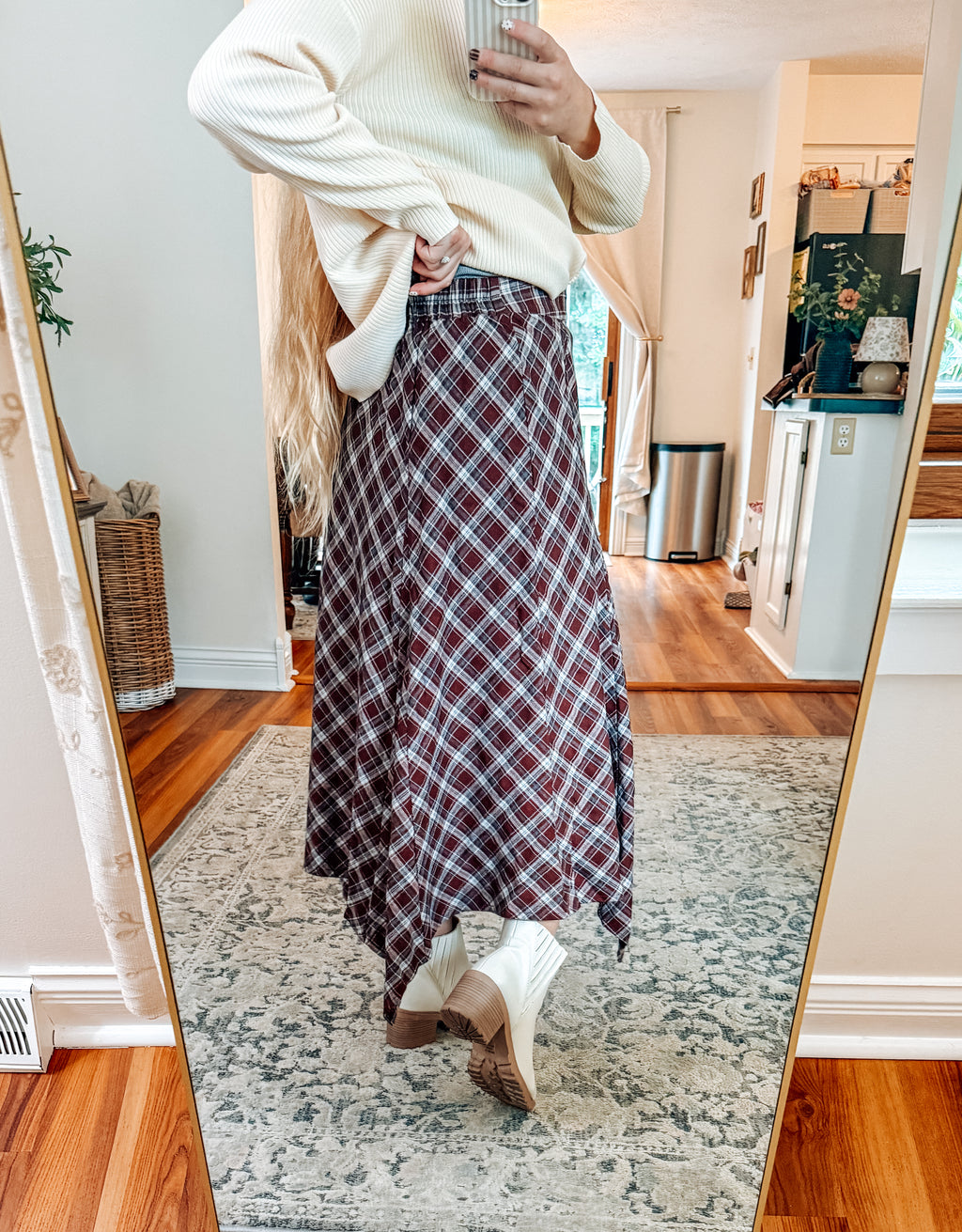 Burgundy Plaid Hanky Hem Midi Skirt