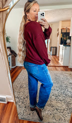 Crimson Raw Edge VNeck Knit Top