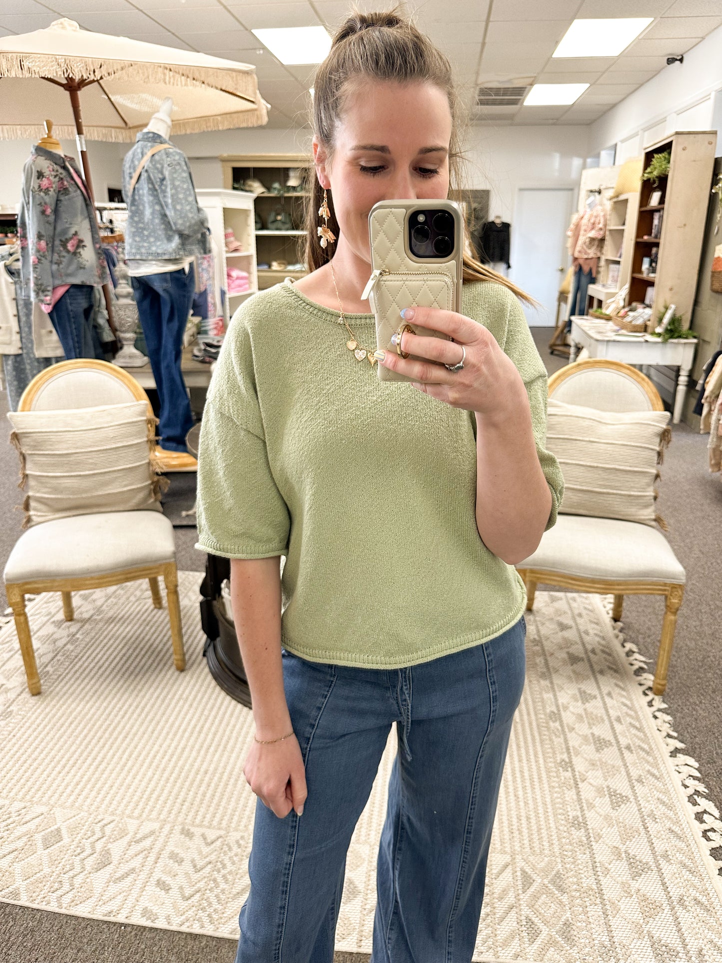 Poppin' in Spring Knit Top-Sage