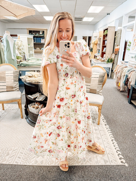 Rosewater Romance Midi Smocked Dress