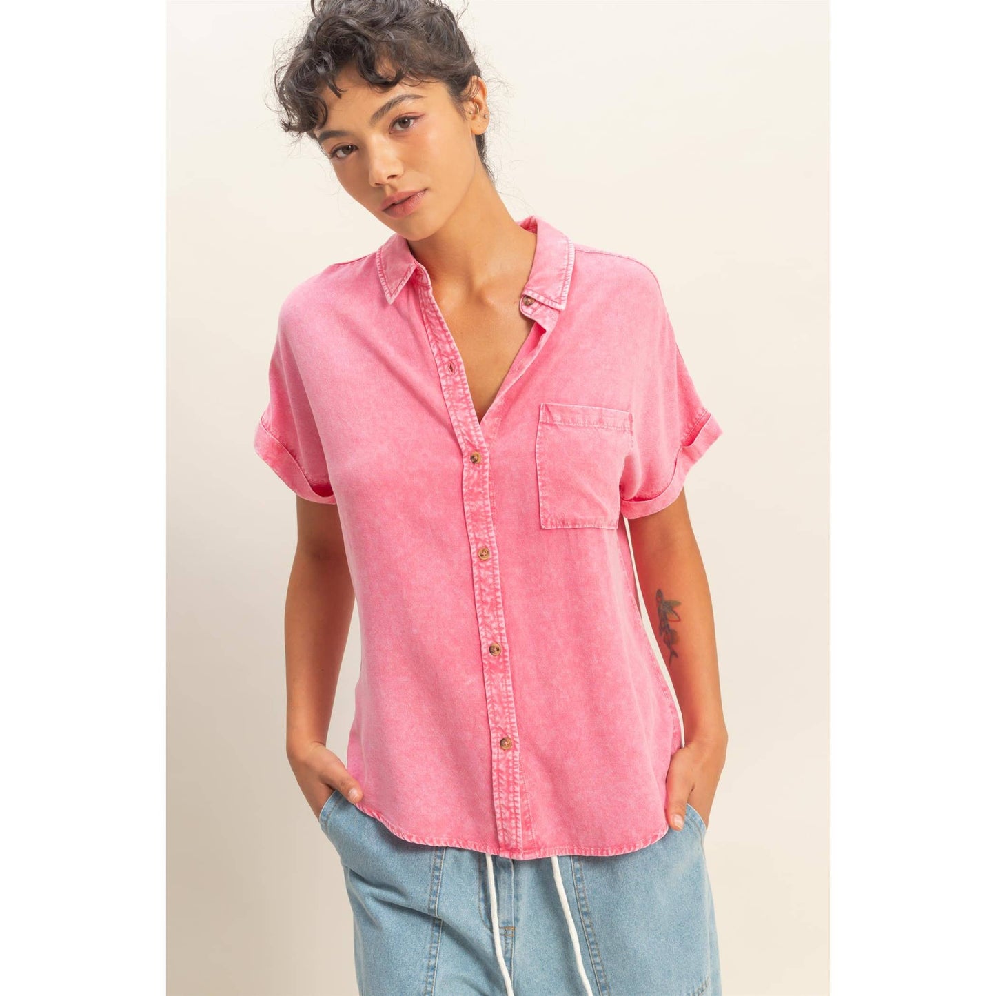 Mineral Wash Button-Up Sleeve Shirt-Pink