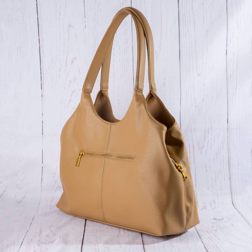 Exterior Zip Pocket Leather Hobo Shoulder Bag