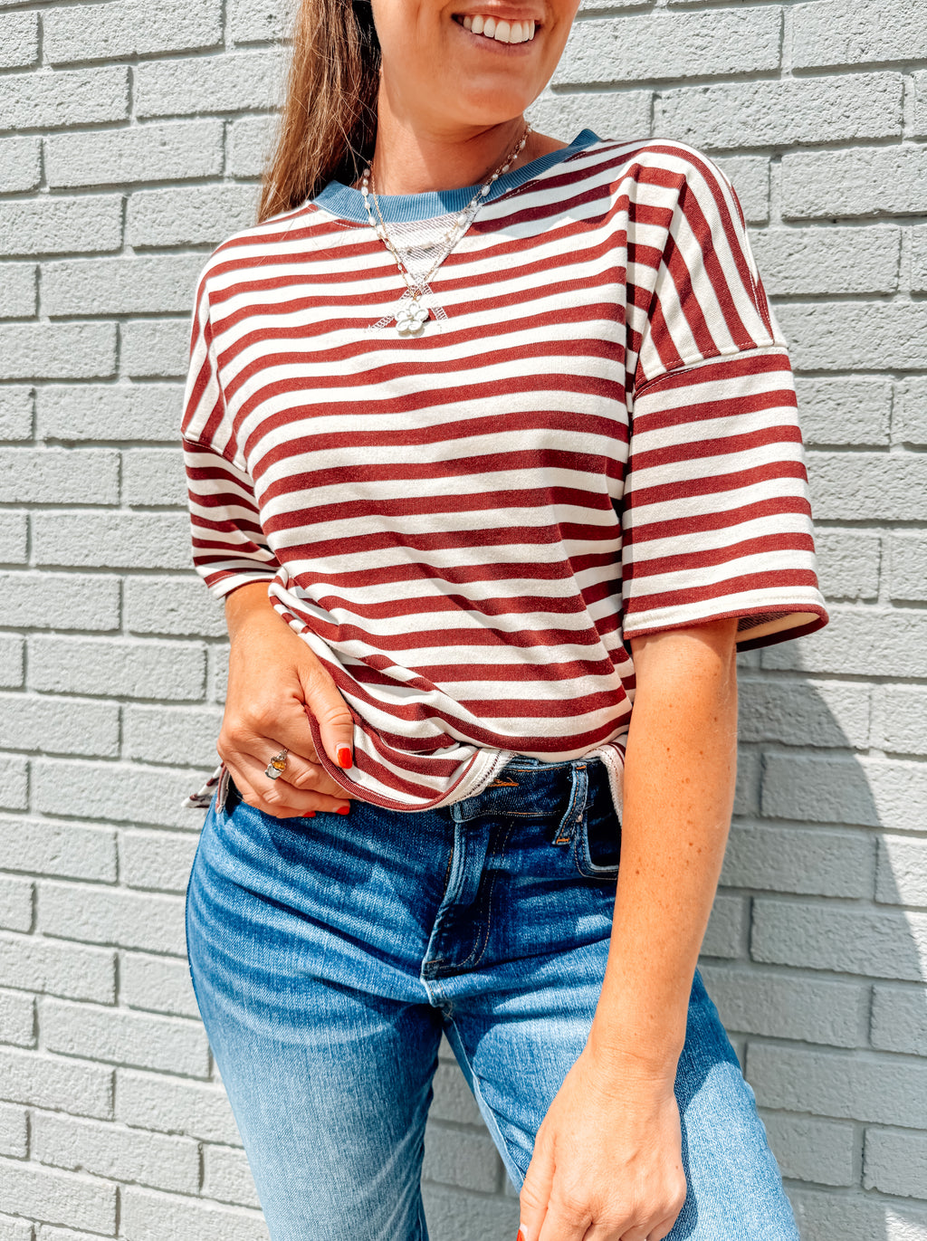 Simply Striped Basic Short Sleeve Top-Burgundy (S-3X)