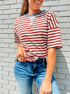 Simply Striped Basic Short Sleeve Top-Burgundy (S-3X)