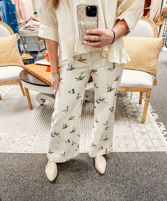 Mallard Printed Stretch Denim Wide Leg Jeans