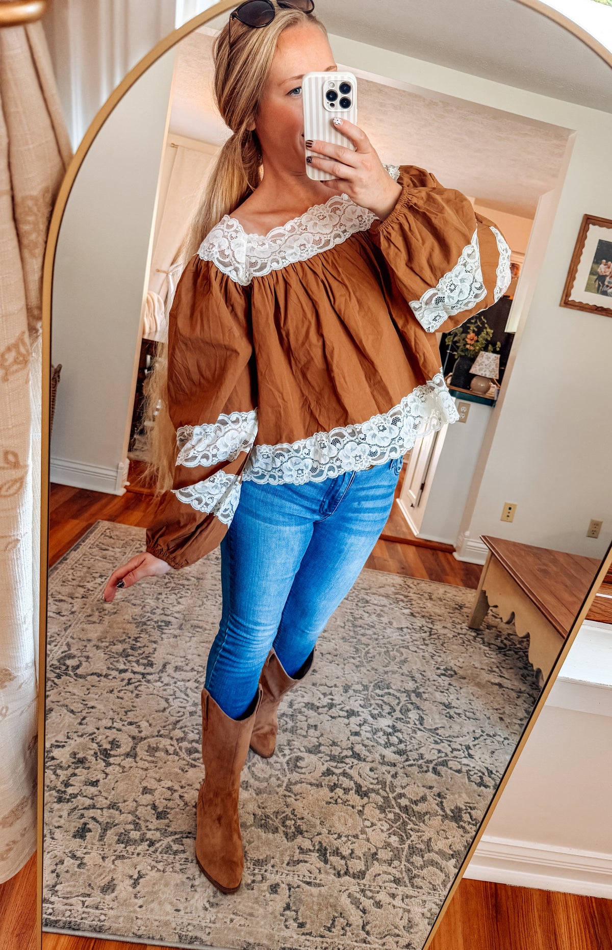 Sweetest Detail Square Neck Lace Trim Blouse