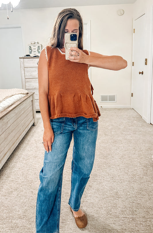Rustic Wood Side Tie Knit Peplum Top