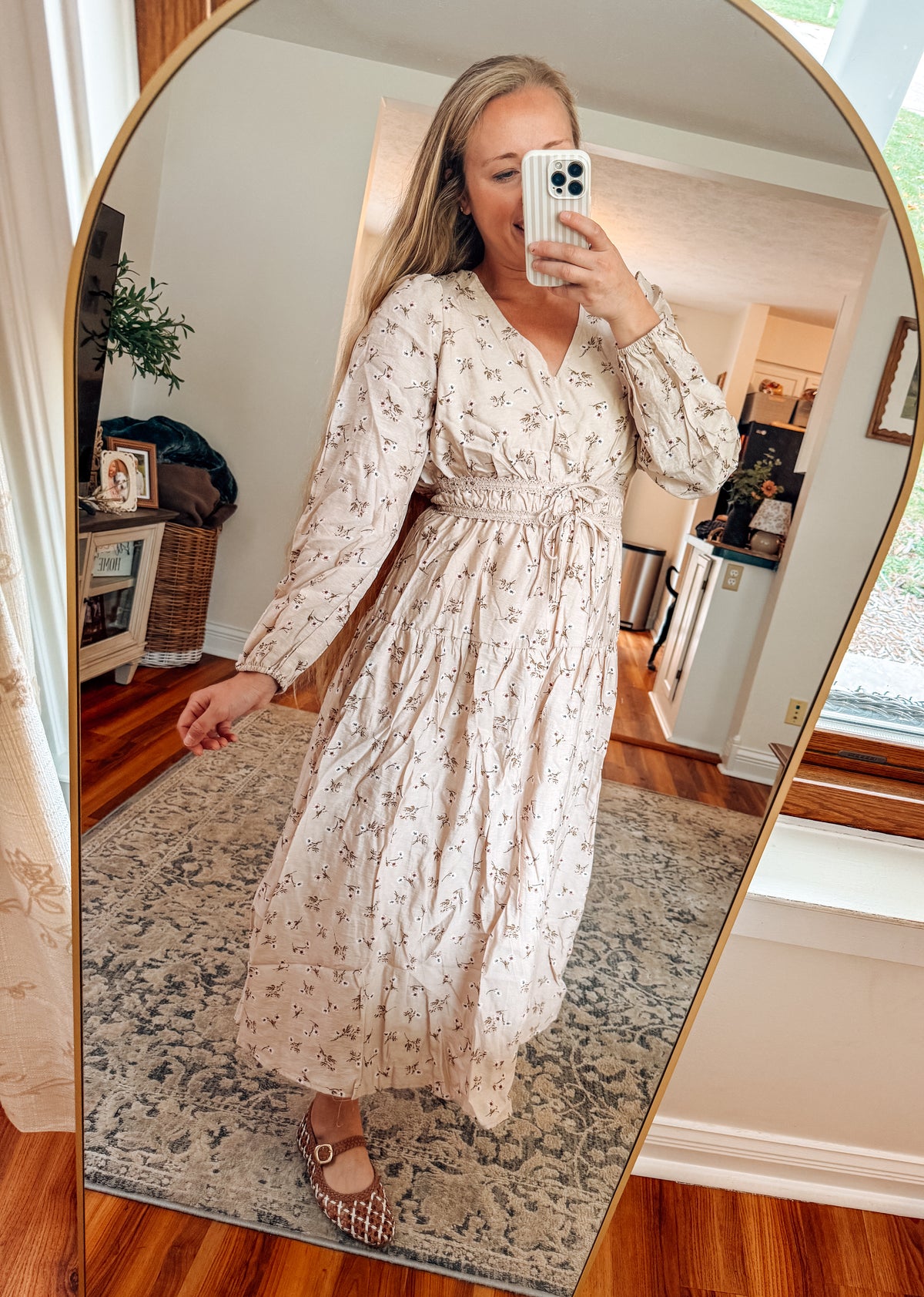 Softly Blooming Beige Floral V-Neck Midi Dress