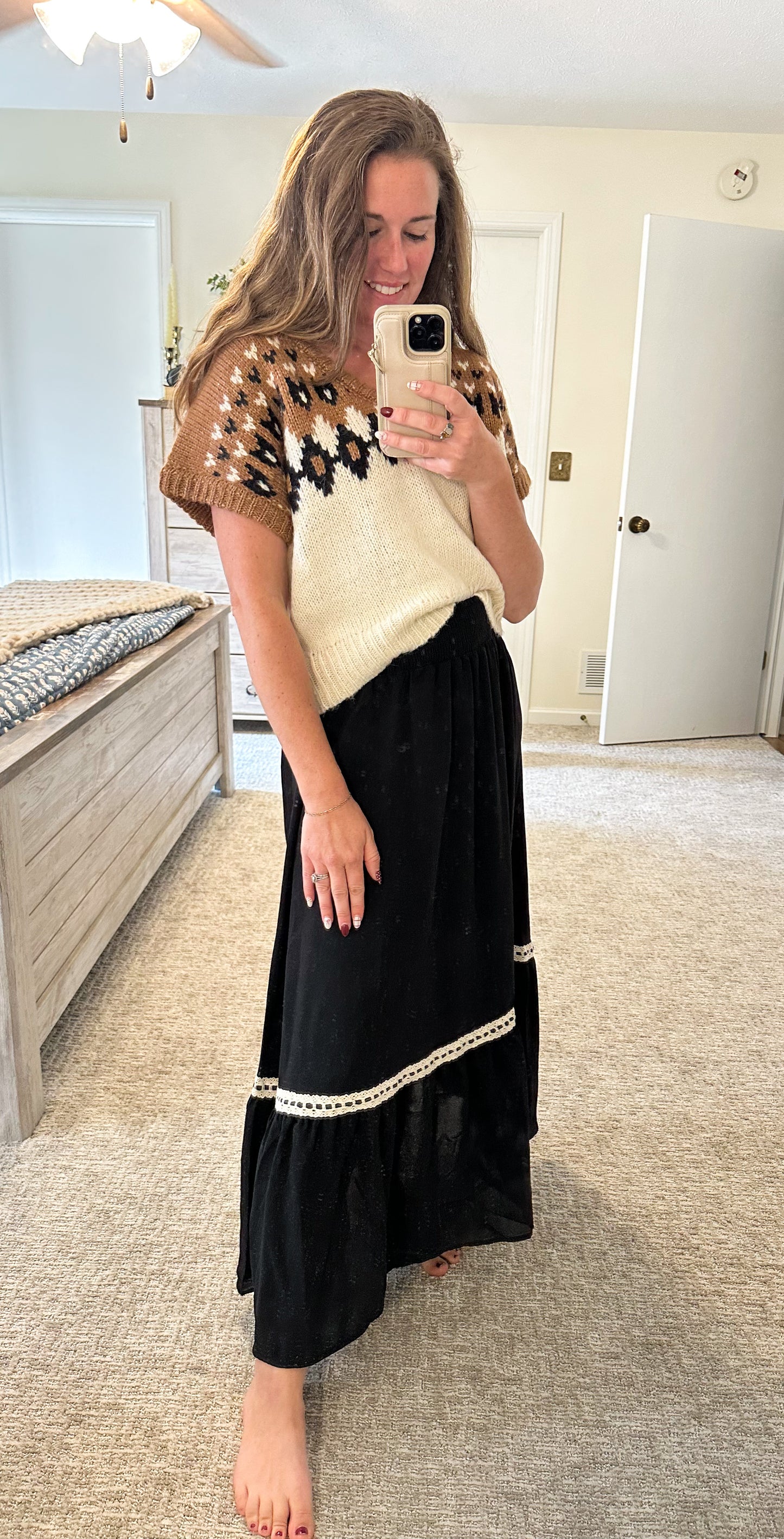 Midnight Stitch Lace Contrast Skirt-Black