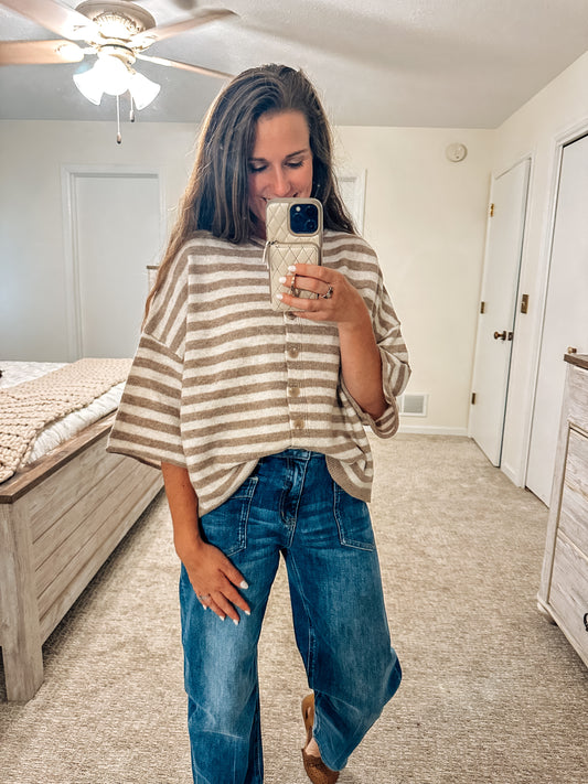 Golden Hour Striped Button Down Cardigan-Mocha