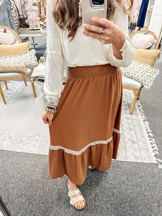 Midnight Stitch Lace Contrast Skirt-Brown