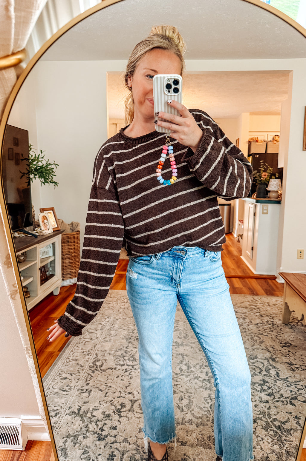 Harvest Moon Striped Textured Knit Sweater-Brown