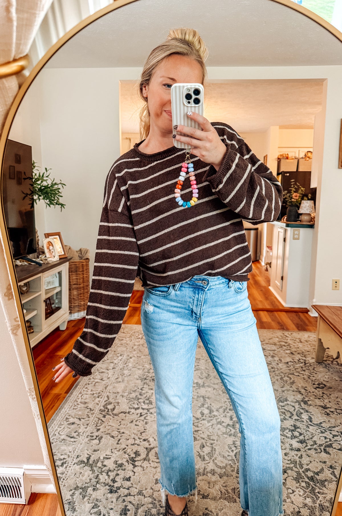 Harvest Moon Striped Textured Knit Sweater-Brown