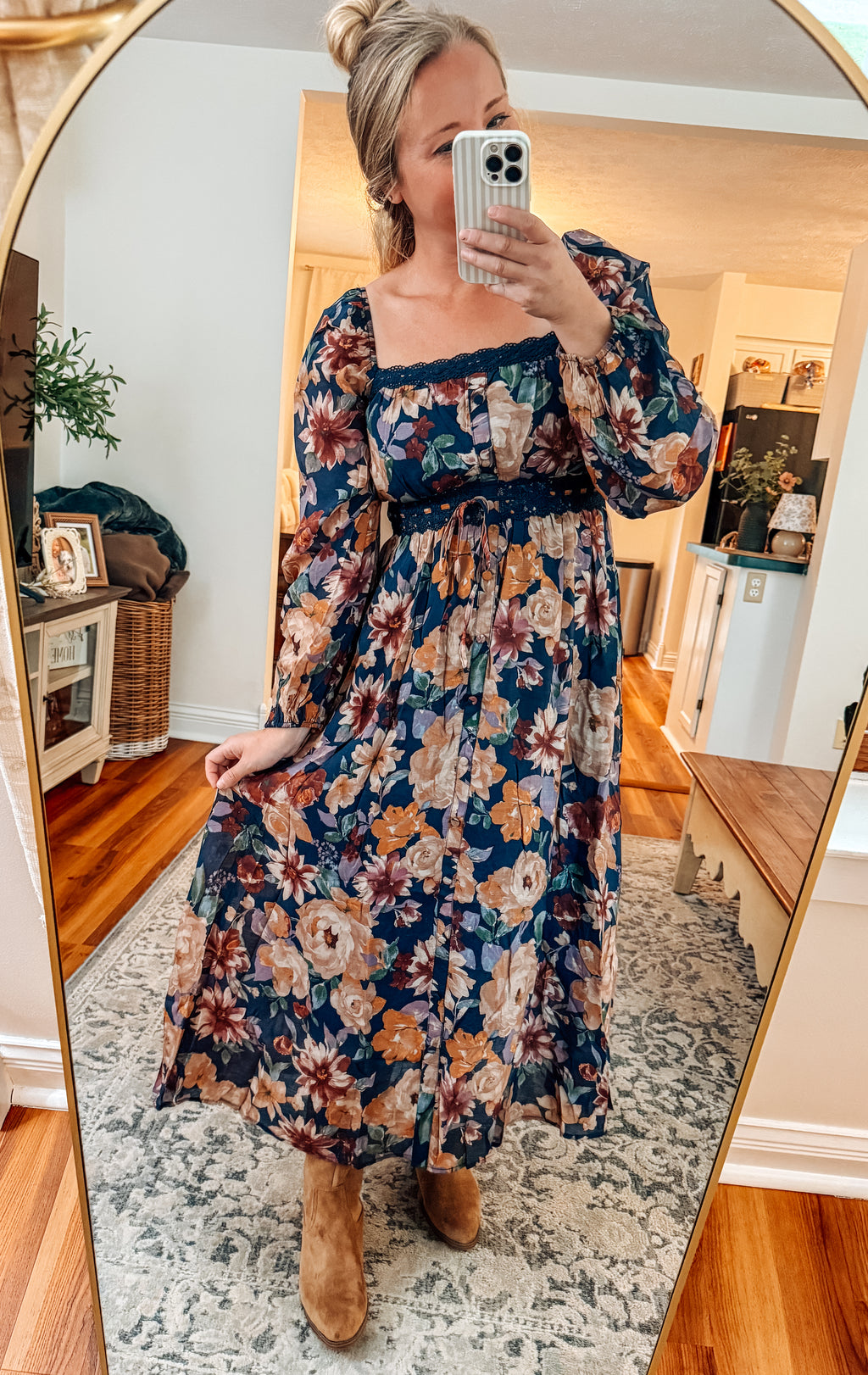 Midnight Blooms Navy Floral Lace Detail Midi Dress