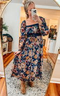 Midnight Blooms Navy Floral Lace Detail Midi Dress