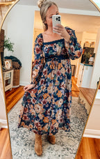 Midnight Blooms Navy Floral Lace Detail Midi Dress