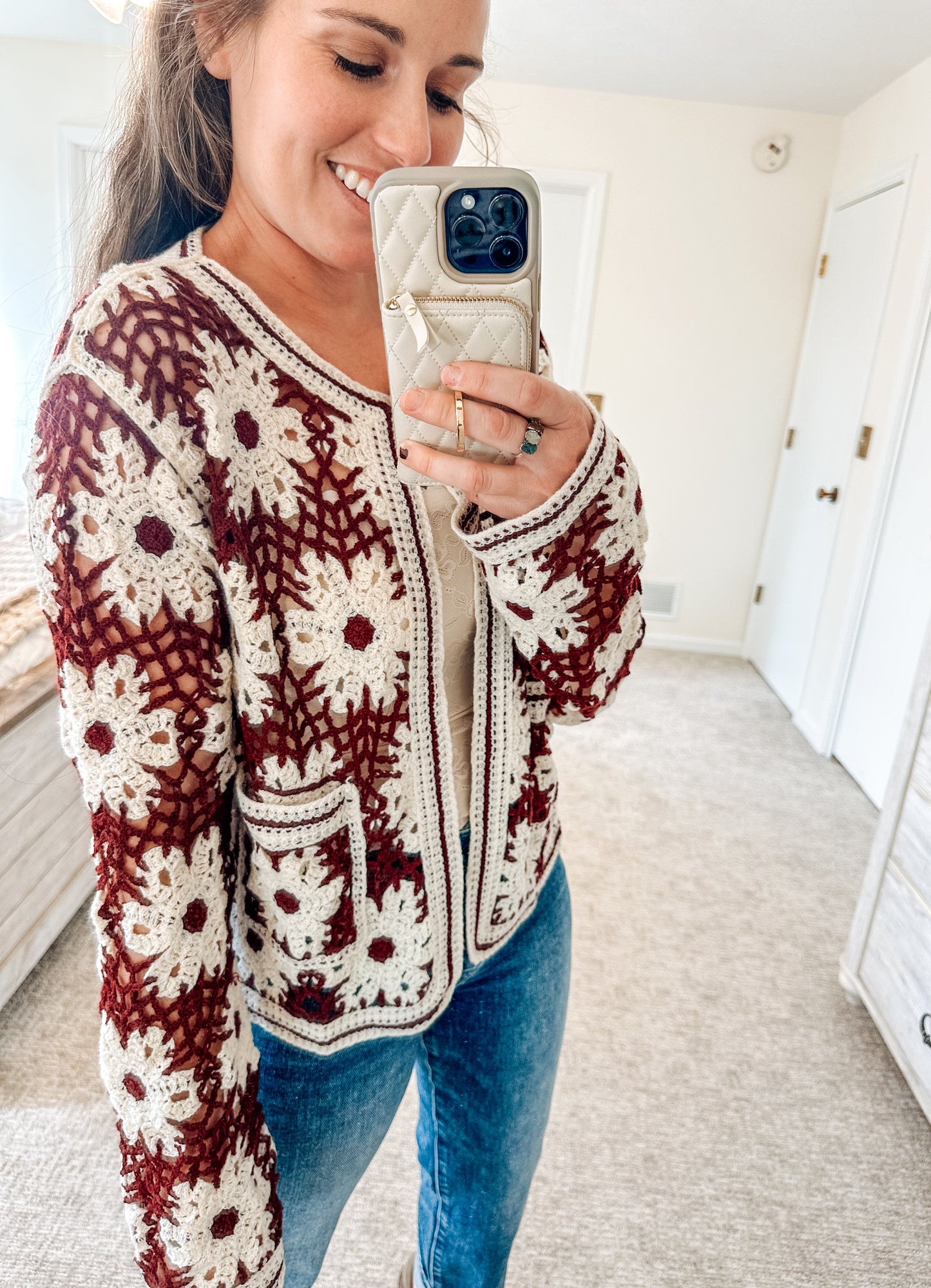 Crimson Frost Crochet Cardigan