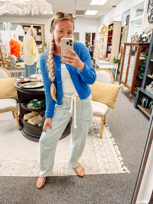 Timber Tones Crochet Cardigan-Blue