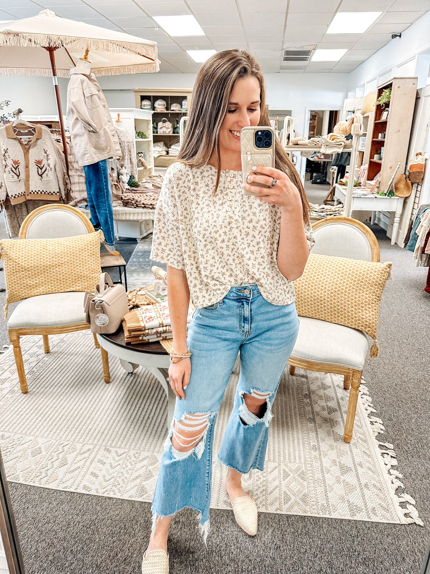 Cozy in Florals Henley Knit Top-Mocha