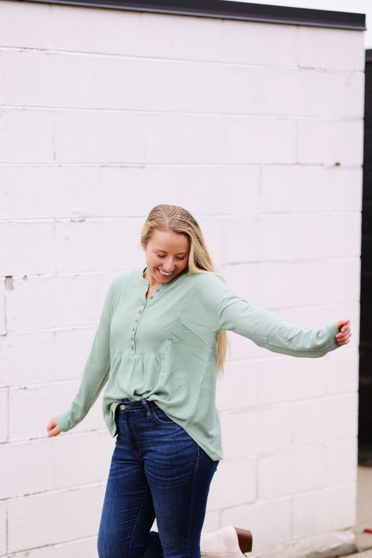 Easy Going Waffle Knit Top-Sage