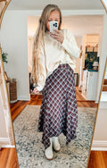 Burgundy Plaid Hanky Hem Midi Skirt