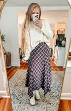 Burgundy Plaid Hanky Hem Midi Skirt