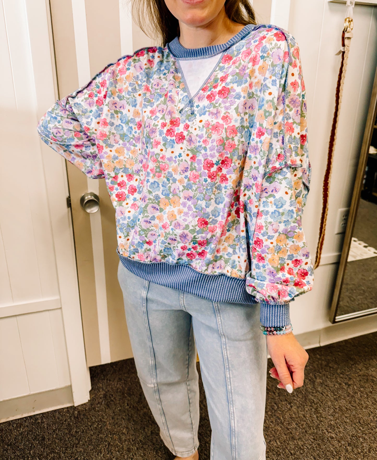 Garden Path Floral Pullover Top-Denim