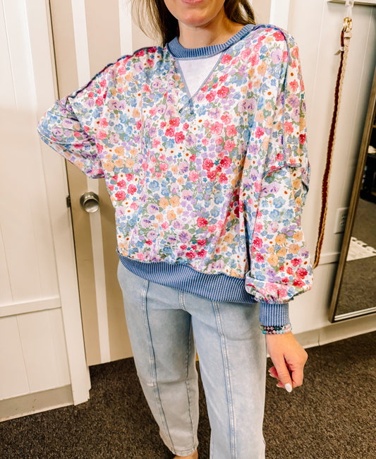 Garden Path Floral Pullover Top-Denim