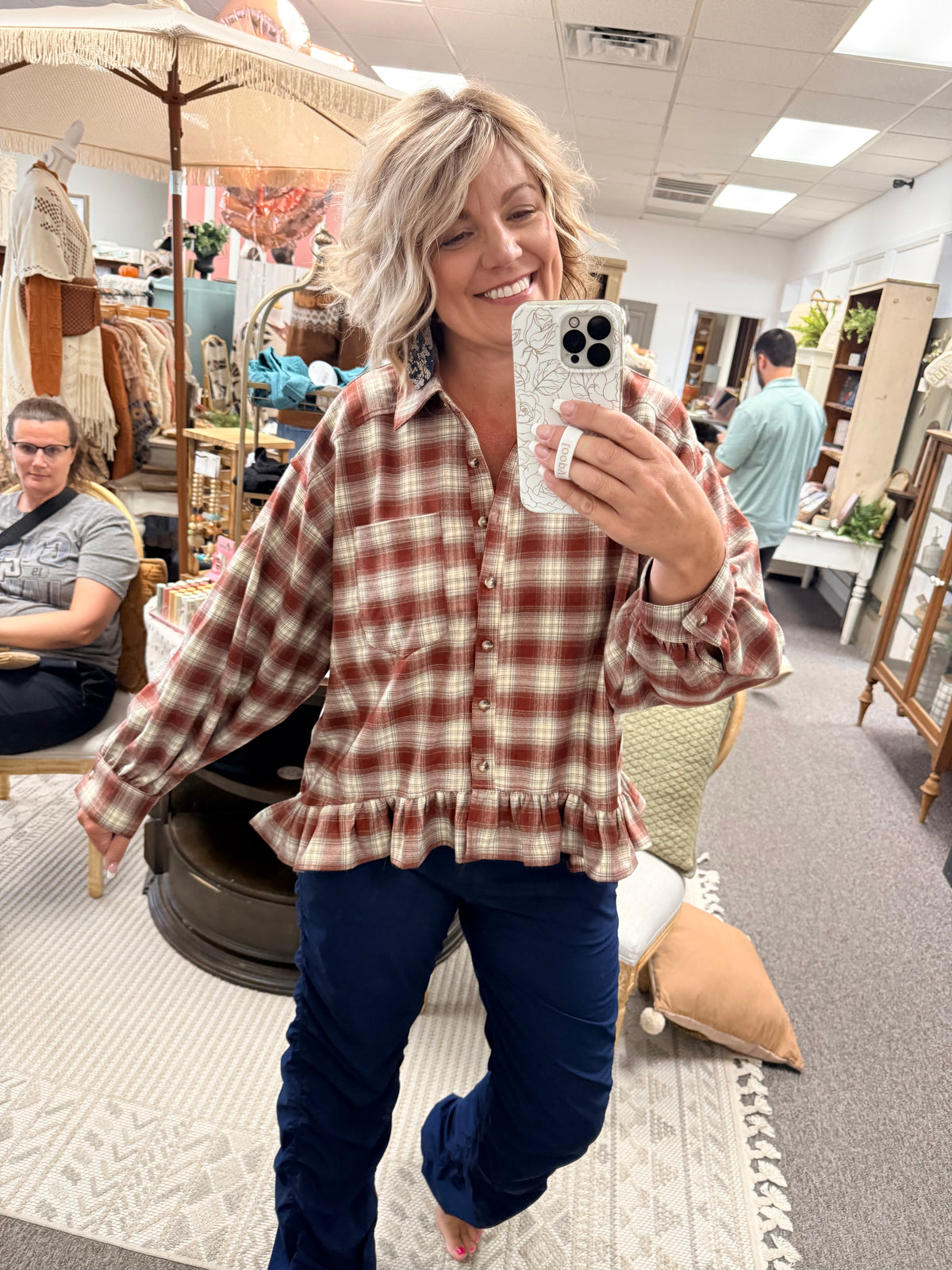 Button Down Check Plaid Babydoll Peplum Shirt