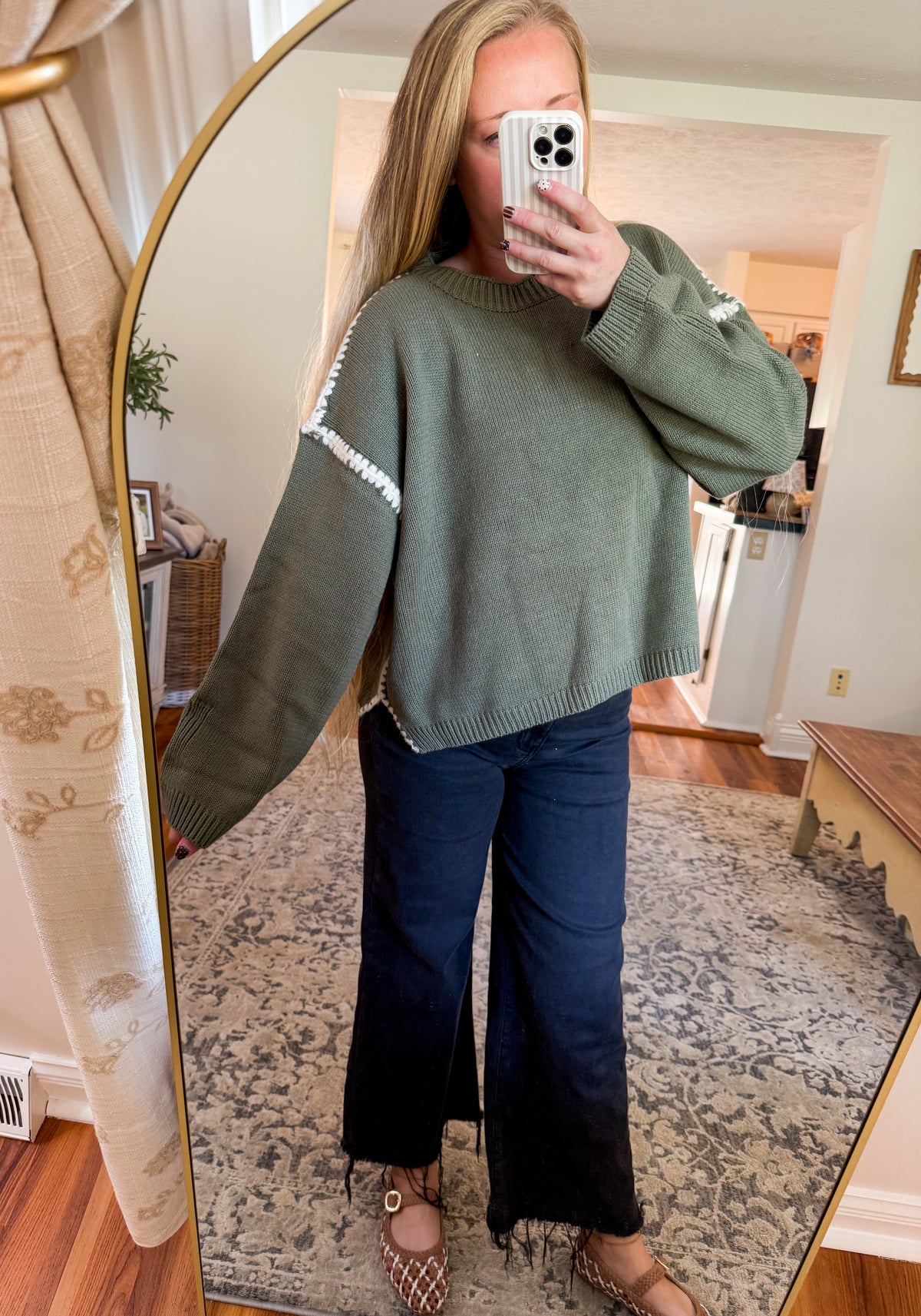 Cozy Cabin Contrast Blanket Stitch Sweater