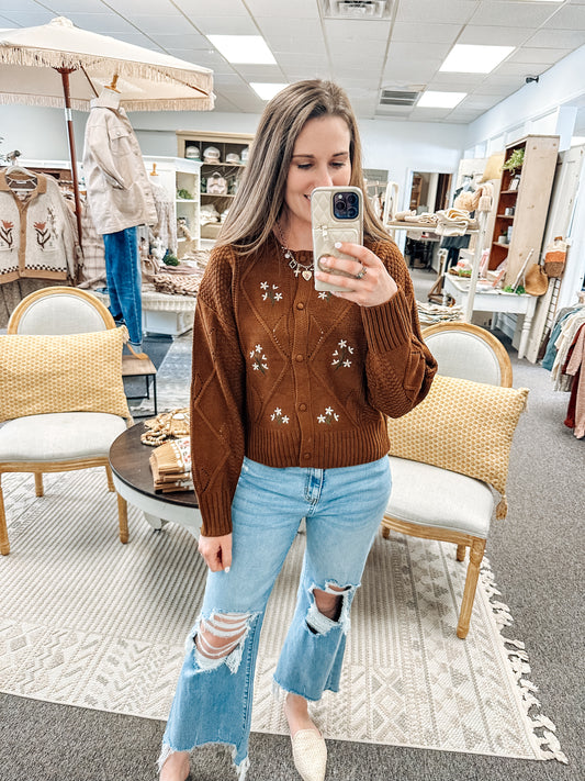 Neutral Necessity Embroidered Cardigan-Brown