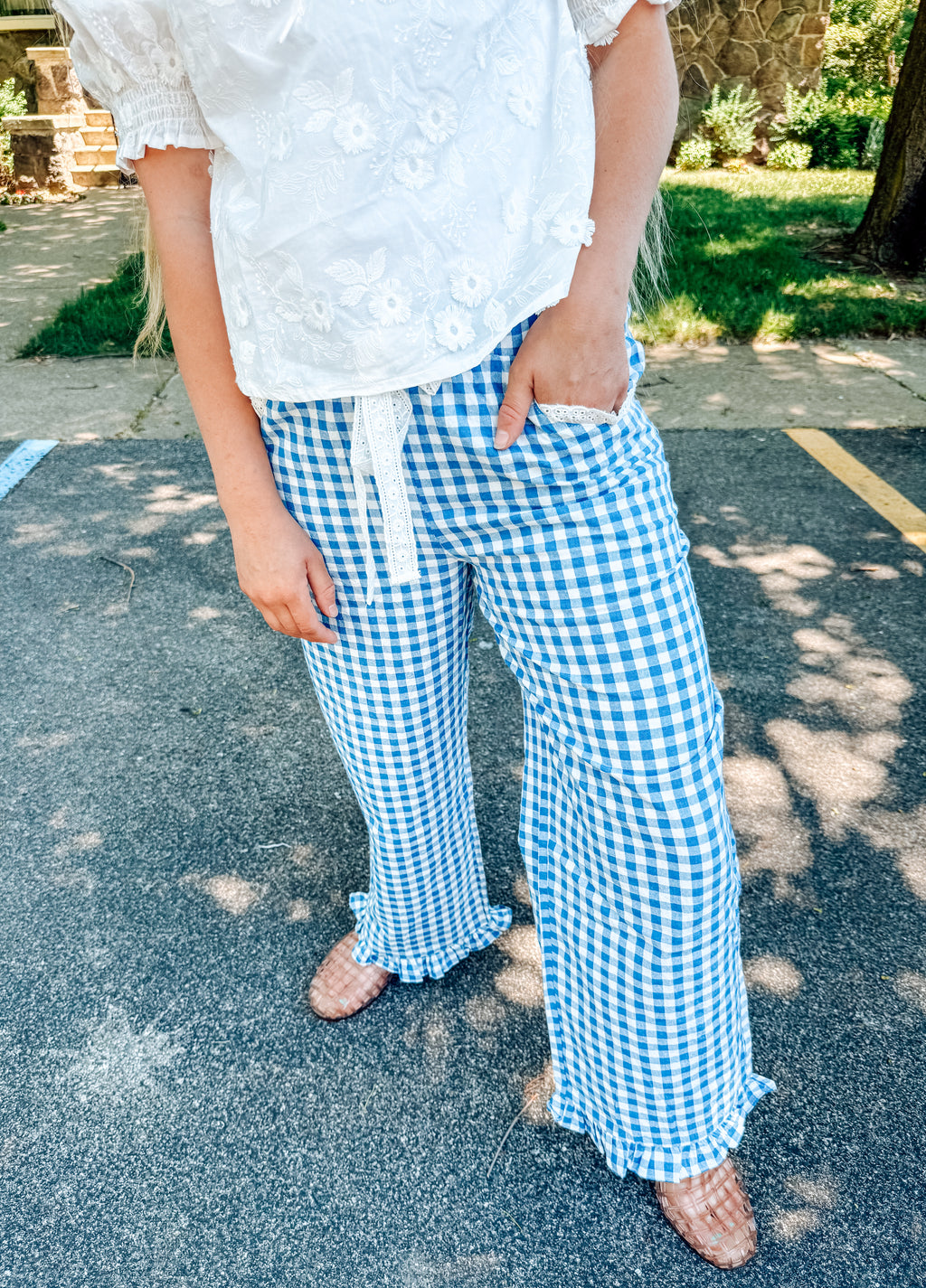 Caught up in Gingham Pants-Blue