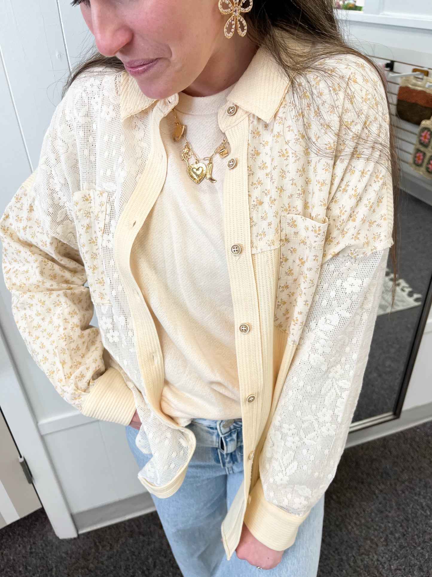 Floral Grace Mixed Button Up- Light Yellow