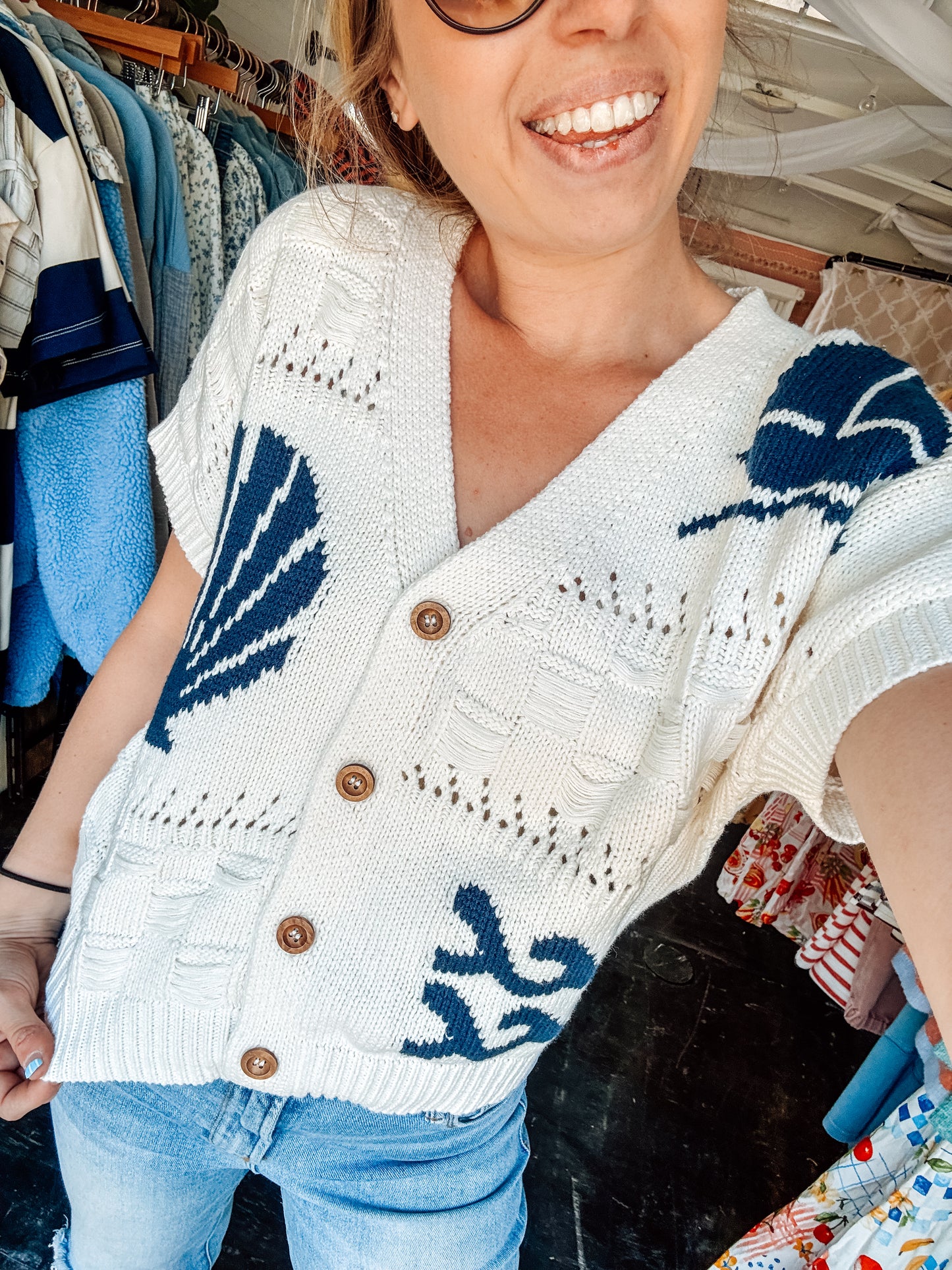 Marine Motif Short Sleeve Knit Cardigan