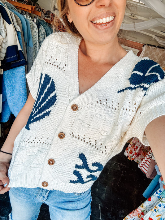 Marine Motif Short Sleeve Knit Cardigan