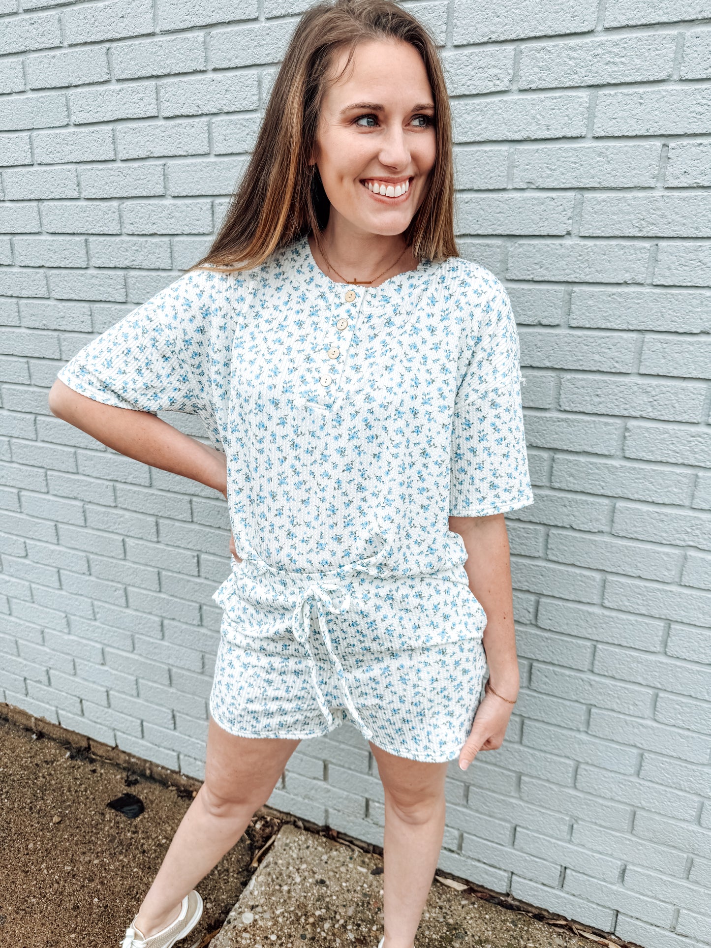 Cozy in Florals Henley Knit Top-Blue