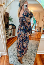 Midnight Blooms Navy Floral Lace Detail Midi Dress