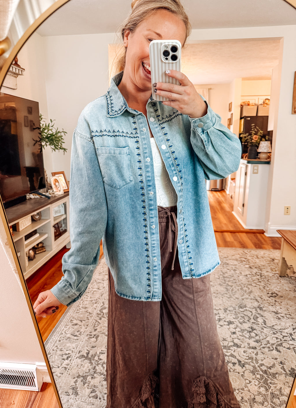 The Wild & Free Embroidered Denim Button Up