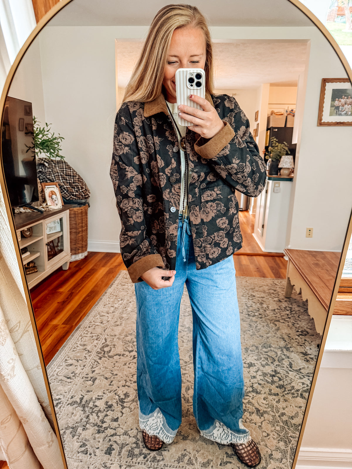 Floral Print Corduroy Collar Barn Jacket